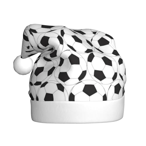 Schwarz-Weiß-Fußball-Muster-Weihnachtsmütze, Weihnachtsmann-Mütze für Erwachsene Druck-Komfort-Plüsch-Weihnachtsmütze für Weihnachten Neujahr Liefert von HAHAFU
