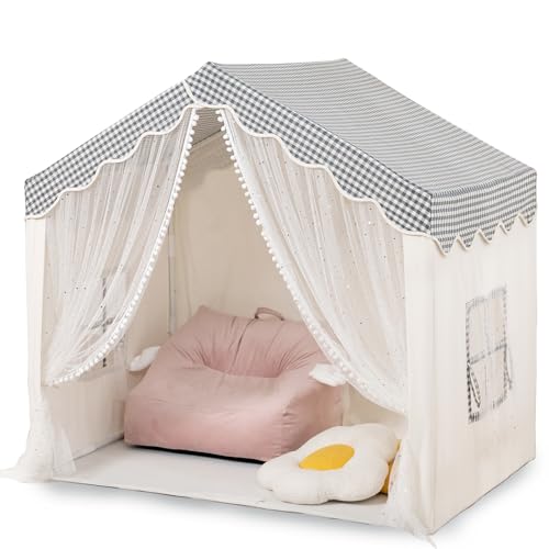 HAHASOLE Kinderspielzelt mit Lichtern – Großes 124,5 x 81,3 x 114,3 cm Kleinkindzelt für Kinder und Haustiere, Indoor-Spielhaus mit Stern-Mesh-Türen, doppelter Eingang, einfacher Aufbau – Geschenk für von HAHASOLE