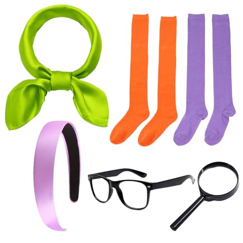 HAICN 6 Stück Halloween Gruppenkostüm-Set Lila Breites Satin Stirnband Grün Schal Orange und Lila Kompressionssocken Lupe Nerd Brille für Cosplay Party HAICN 6 Stück Halloween Gruppenkostüm-Set Lila Breites Satin Stirnband Grün Schal Orange und Lila Kompressionssocken Lupe Nerd Brille für Cosplay Party von HAICN