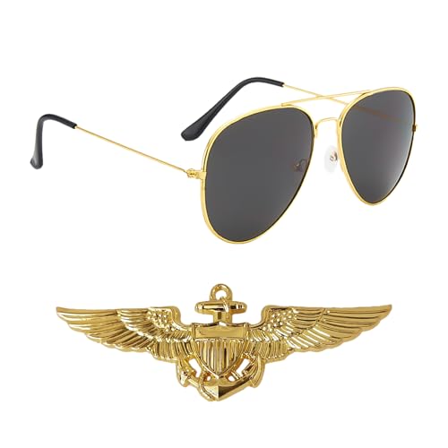 HAICN Piloten-Sonnenbrille und Flügel, Abzeichen, goldfarben, Piloten-Kostüm, Set für Erwachsene, Motto-Party, Halloween, Cosplay, 2 Stück von HAICN