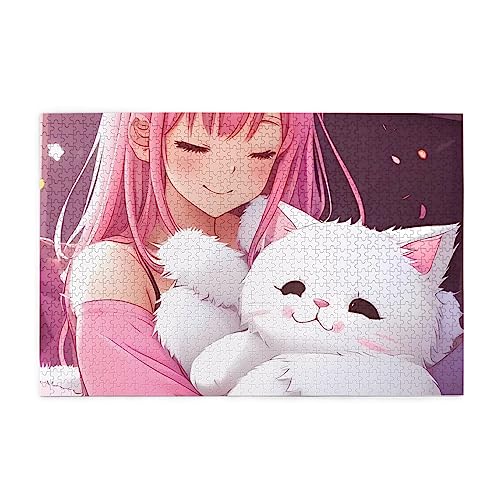 Niedliches Mädchen mit Katzen-Puzzles für Erwachsene, 1000 Teile, interessante Holzpuzzles, Stressabbau-Puzzles mit Box von HAICOM