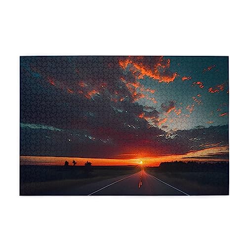 Road Under Sunset Puzzles für Erwachsene, 1000 Teile, interessante Holzpuzzles, Stressabbau-Puzzles mit Box von HAICOM