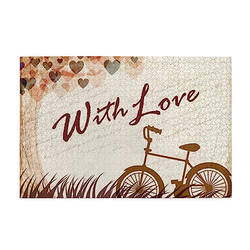 Romantisches Puzzle mit Fahrrad unter dem Herzbaum, für Erwachsene, 1000 Teile, interessante Holzpuzzles, Stressabbau-Puzzles mit Box von HAICOM