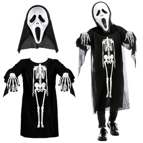 Halloween Kostüm Set, Halloween Kinderkostüm, Bestehend aus Einem Gruseligen Skelettkostüm, einer Schrei Maske und Skelett-Handschuhen, Geeignet als Kostüm für Halloween und Karnevalspartys-E Halloween Kostüm Set, Halloween Kinderkostüm, Bestehend aus Einem Gruseligen Skelettkostüm, einer Schrei Maske und Skelett-Handschuhen, Geeignet als Kostüm für Halloween und Karnevalspartys-E von HAJXXMM