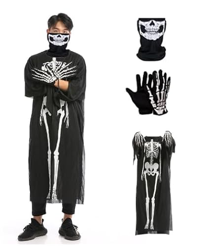 Halloween Kostüm Set, Halloween Kostüm für Erwachsene, Bestehend Einem Gruseligen Skelettkostüm, Skelett Maske und Skelett Handschuhen, Geeignet als Kostüm für Halloween- und Karnevalspartys-C Halloween Kostüm Set, Halloween Kostüm für Erwachsene, Bestehend Einem Gruseligen Skelettkostüm, Skelett Maske und Skelett Handschuhen, Geeignet als Kostüm für Halloween- und Karnevalspartys-C von HAJXXMM