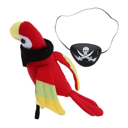 HAKIDZEL Plüsch Piratenpapagei Schulter Deko Teilig mit Schwarzem Halstuch und Augenklappe Realistische Kuscheltier Vogelfigur für Halloween Kostüm Piraten Cosplay Zubehör Jungen Party von HAKIDZEL