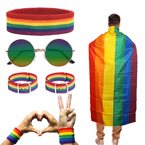 HAKOTOM 5Tlg Gay Pride Accessoire Regenbogen Umhang Regenbogenstirnband LGBT Rainbow Gay Pride Set mit Runde Brille für Gaypride Feiern Festival Schwulenpa von HAKOTOM