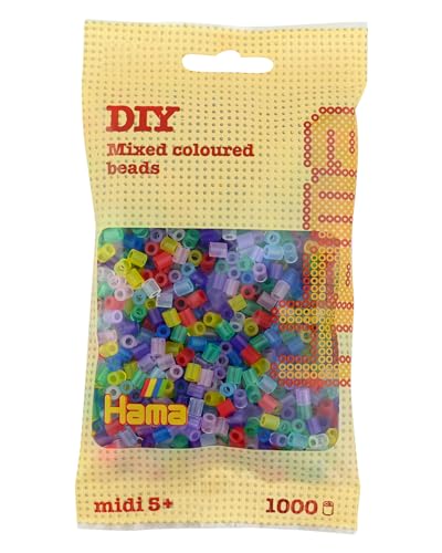 Hama Perlen 207-53 Bügelperlen Beutel mit ca. 1.000 bunten Midi Bastelperlen mit Durchmesser 5 mm im Transparent Mix, kreativer Bastelspaß für Groß und Klein von Hama