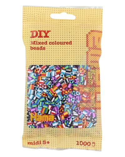 Hama Perlen 207-90 Bügelperlen Beutel mit ca. 1.000 Midi Bastelperlen mit Durchmesser 5 mm im Mix gestreift, kreativer Bastelspaß für Groß und Klein von Hama
