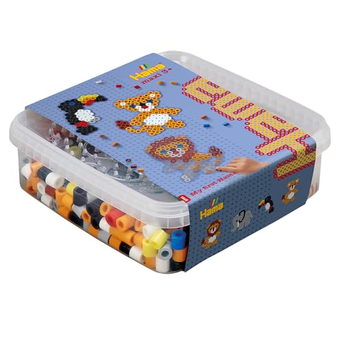 Hama Perlen 8751 Bügelperlen Box Löwe und Elefant, ca. 600 Bunte Maxi Bastelperlen mit Durchmesser 10 mm, Zwei transparente Stiftplatten, inkl. Bügelpapier, kreativer Bastelspaß für Kinder, Large von Hama