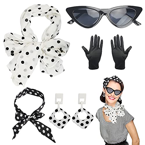 HAMOOM 5TLG Rockabilly Accessoires 50er Jahre Kleid Zubehör mit Polka Dot Chiffon Schal 60er Jahr Kleidung Set 1950s Kostüm 50er Jahre Qutfit Damen Faschingskostüm für Motoparty Retro Teily Party HAMOOM 5TLG Rockabilly Accessoires 50er Jahre Kleid Zubehör mit Polka Dot Chiffon Schal 60er Jahr Kleidung Set 1950s Kostüm 50er Jahre Qutfit Damen Faschingskostüm für Motoparty Retro Teily Party von HAMOOM
