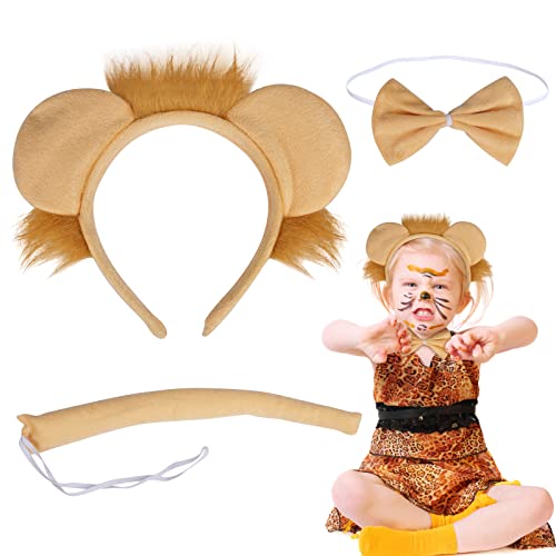 HAMOOM 3 STK Löwen Kostüme Set Kinder Löwenkostüm Löwe Kostüm Cosplay Set mit Ohren Schwanz und Fliege Braun Faschingskostüme für Jungen Mädchen Karneval Fasching Geburtstags Party Zubehör von HAMOOM