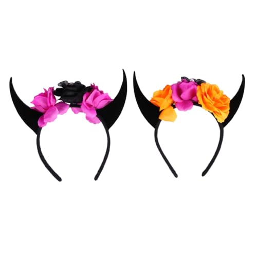 HAMPPLIES 2 Stück Halloween Haarreif mit Teufelshörnern Blumen und Totenkopf Teiliges für Erwachsene und Perfekter Haarschmuck für Kostüm Party und Cosplay von HAMPPLIES