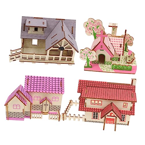 HAMPPLIES 4stücke Teiliges Holzpuzzle-kit Für Modellbau Bausatz Mit Westlichem Häuschen Villa Und Haus Kreatives Bastelset Für Junge Mädchen Und Für Und Dekoration von HAMPPLIES