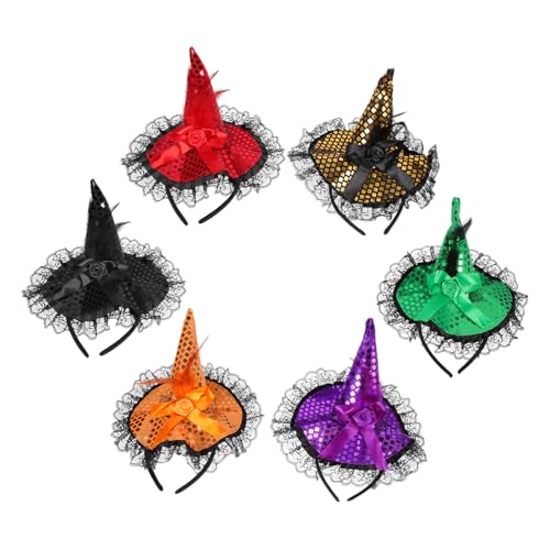 HAMPPLIES 6 Stück Teiliges Halloween Hexenhut Stirnband Spitzen Pailletten Haarschmuck in Rot Grün Schwarz Orange Langlebige Kopfbedeckung für Frauen Halloween Cosplay Party von HAMPPLIES