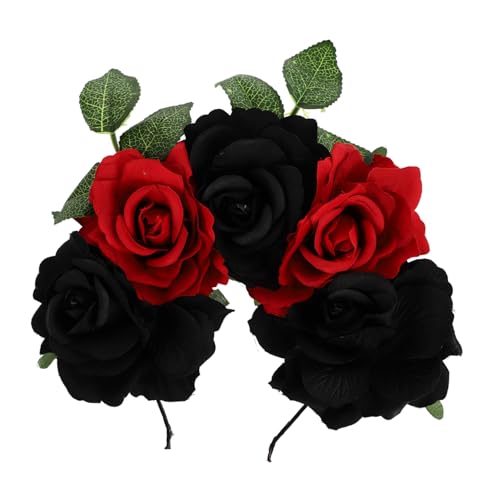 HAMPPLIES Halloween Rosen Haarkranz Rot Schwarz Künstlicher Blumen Stirnband Gothic Headpiece für Damen und Mädchen Festlicher Haarschmuck für Halloween Party und Kostüm von HAMPPLIES