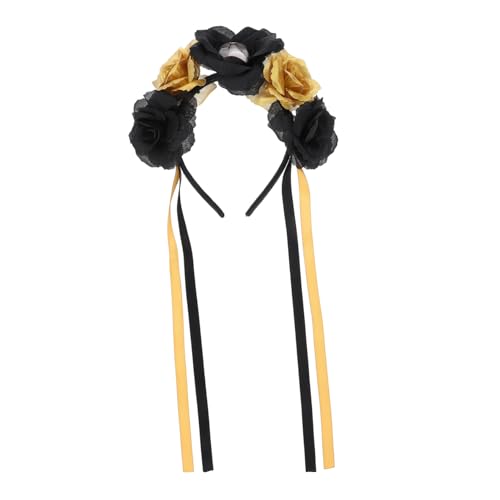 HAMPPLIES Halloween Skull Haarschmuck mit Imitations Rosen Goldfarbener Totenkopf Stirnband für Damen Festival Kopfschmuck für Halloween Karneval Kostümparty und Tag der Toten von HAMPPLIES