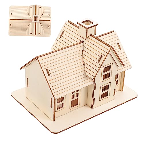 HANABASS 1 Satz Holzmodellhaus Miniatur Puzzle Rätselhaus Erwachsene Häuser Kabine Modell Eines Holzhauses Holzmodellbausatz Tiny Houses Modell Montagehaus Holzmodelle Beige von HANABASS