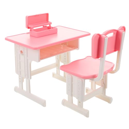HANABASS 1 Satz Miniaturisierung Lernschreibtisch und Stuhl für Puppenhaus Realistisches Spielzeugmöbel für Bleistiftbox Tragbares Lernspielzeug Rosa von HANABASS
