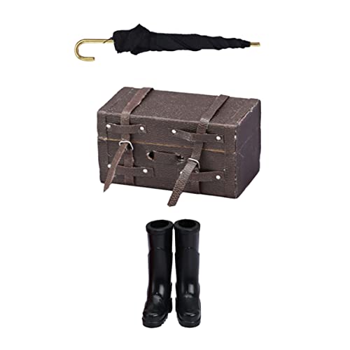 HANABASS 1 Satz Puppenhaus-Minimöbel Modell Regenstiefel Miniatur-Lederkoffer Puppenhaus Regenschirm Mini Möbel Koffermodell Mini-Regenstiefel Miniaturschirm Stoff Black von HANABASS