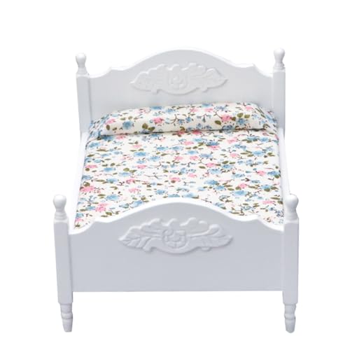 HANABASS 1 Stück Mini -simuliertes hölzernen Doppelbett Mini House Accessory Mini-Hausversorgung Mini-Hausbett Miniatur-Puppenstubenbett Mini-Hausmodell Stoff Weiß von HANABASS