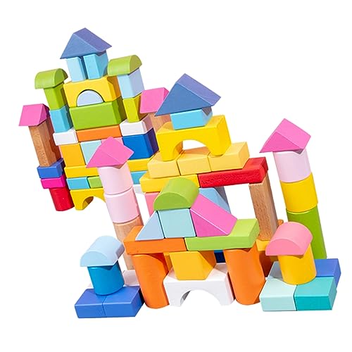 HANABASS 100 Stück Teile Holzbauklötze Set für Pädagogisches Kreativität Geometrische Formen Fördert Räumliches und Farbenverständnis von HANABASS