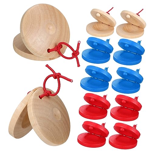 HANABASS 12 Stück Holz Kastagnetten für Musik Rhythmus Instrumente in Natur Rot und Blau Pädagogisches Musikalität und Hand Augen Koordination von HANABASS