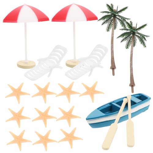 HANABASS 17 Stück Teiliges Mini Strand Deko Set mit Miniatur Liegestühlen Sonnenschirmen Boot und Realistische Puppenhaus Zubehör für DIY Garten und Mikro Landschaft von HANABASS