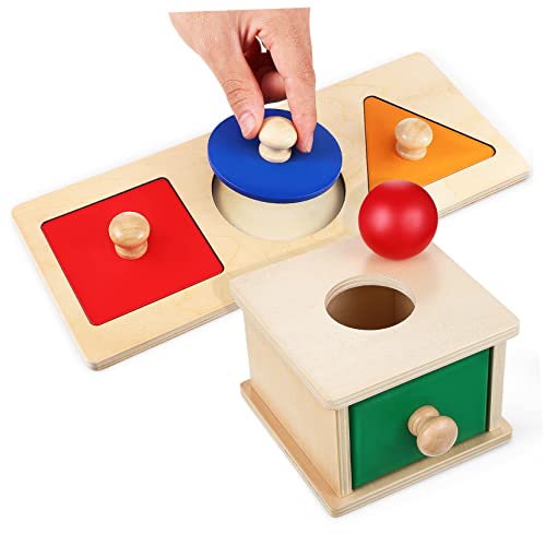 HANABASS 1Satz Montessori Holzkugel mit Objektpermanenzbox und Geometrischem Einlegebrett für Kleinkinder Fördert Feinmotorik und Hand Auge Koordination Lustiges Lernspielzeug von HANABASS
