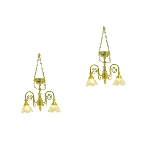 HANABASS 2 Stück Miniatur Puppenhaus Deckenleuchte Gold Doppelkopf Kronleuchter Beleuchtbar Warmes Licht Für Puppenhaus Schlafzimmer Deko Miniaturmöbel Zubehör von HANABASS
