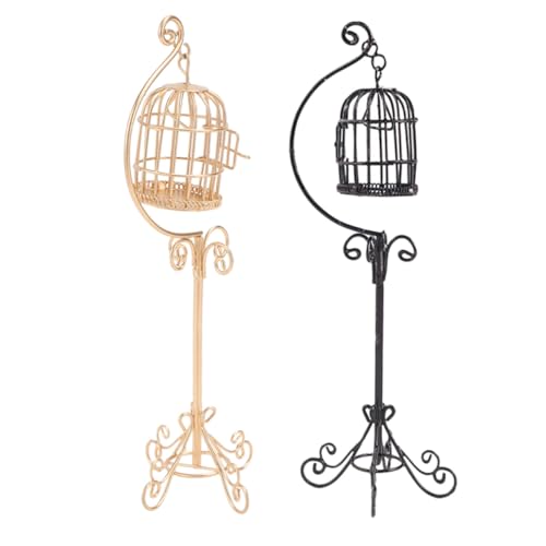 HANABASS 2 Stück Puppenhaus Vogelkäfig Metall mit Bodenständer Miniatur Metallkäfig für Puppenhaus Dekoration Robustes Micro Landscape Modell in Schwarz und Gold von HANABASS