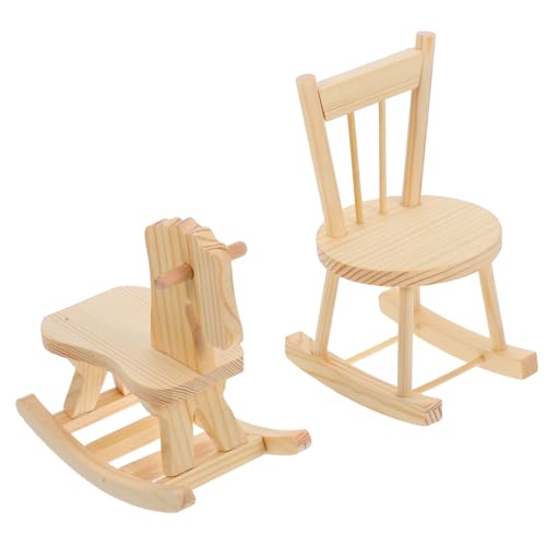 HANABASS 2 Stück Teiliges Puppenhaus Holzspielzeug DIY Holz Schaukelpferd und Schaukelstuhl Realistische Miniatur Möbel für Puppenhaus Zubehör Detailreich Zusammenbauen von HANABASS
