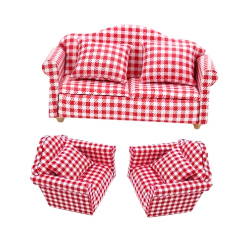HANABASS 3 Sätze Maßstab Rot Weiß Kariert Puppenhaus Möbel Dekoration Wohnzimmersofa Miniatur Couch für DIY Hausmodell und Puppenhaus Zubehör von HANABASS
