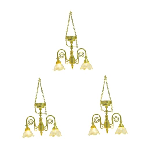 HANABASS 3 Stück Vintage Miniatur Kronleuchter Gold Doppelkopf Blütenform Miniaturlampe Puppenhaus Zubehör Robuste Miniaturleuchte für Puppenstube und Dekoration von HANABASS