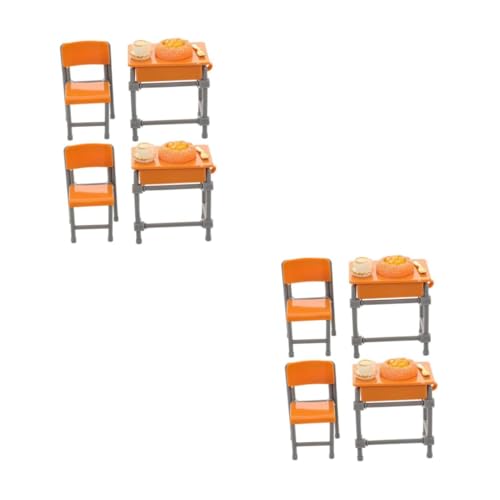 HANABASS 4 Sätze Miniatur Schulbank Set mit Stuhl und Zubehör Realistische Puppenhausmöbel DIY Miniatur Schreibtisch und Esstisch Detailgetreues Kleines Tischmöbel Set für Dekoration von HANABASS