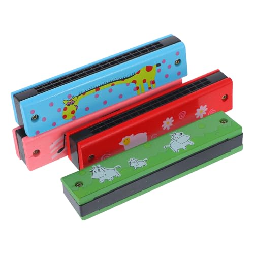 HANABASS 4 Stück Teiliges Holzmundharmonika mit Löchern Kindgerechtes Musikinstrument Einfache Bedienung Langlebig Buntes Design Blau Grün Rot Anfänger Musikspielzeug von HANABASS