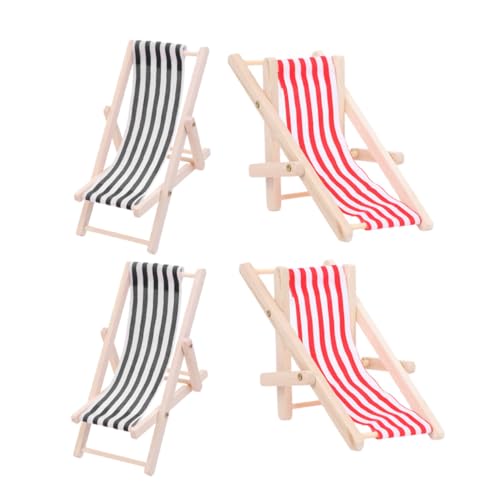 HANABASS 4 Stück Teiliges Miniatur Strandstuhl Modell aus Holz Klappbare Puppenhaus Deko für Mikrolandschaft Rote und Schwarze Liegestühle Sicher und Langlebig von HANABASS