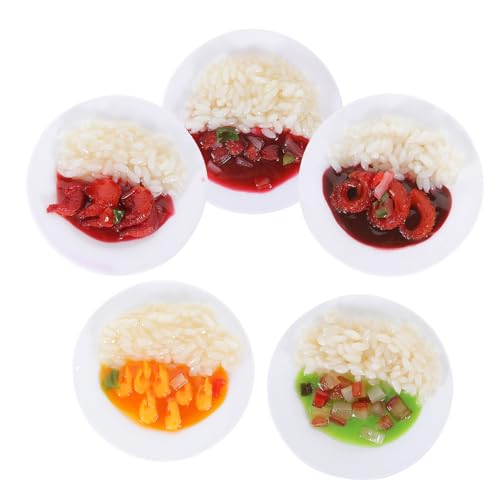 HANABASS 5 Stück Teiliges Chinesisches PVC Fake Food Modell Realistische Simulation von Gedecktem Reis mit Hähnchenschenkel Gemüse Rippchen Geschmortem Fleisch und Roter Garnele Geruchlos von HANABASS
