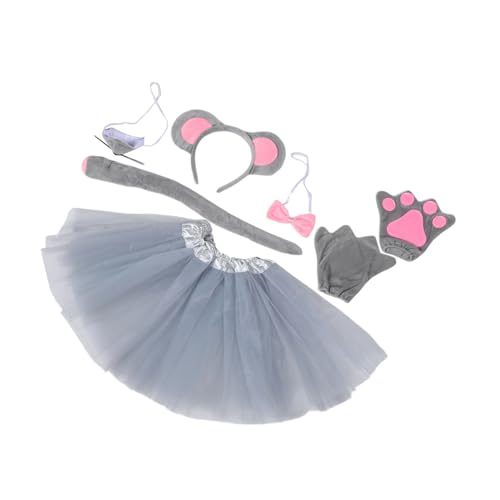 HANABASS 7 Stück Teiliges Graues Mäusekostüm für Mausohren Haarreif Tüllrock Nase Handschuhen und Fliege Bequemes Realistisches Tierkostüm für Halloween Geburtstage und Schulveranstaltungen von HANABASS