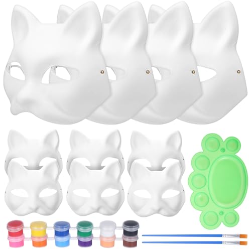 HANABASS Diy-Katzenmasken-Set 12 Stück Unbemalte Maskerademasken Mit 12 Farben 2 Pinseln Und Palette Weißes Papier Blanko Handbemalte Karnevals-Tiermasken von HANABASS