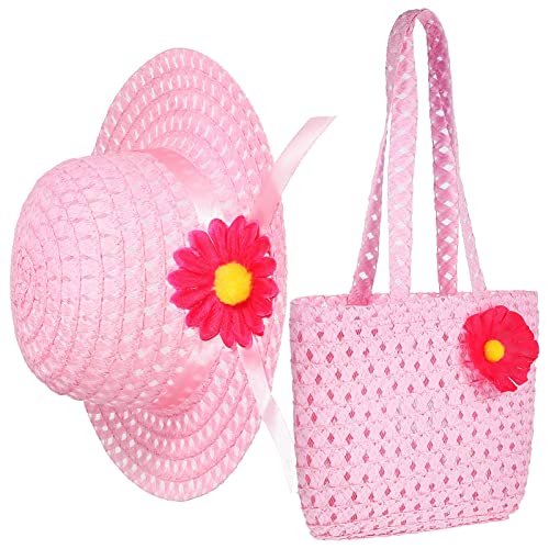 HANABASS Mädchen Strohhut und Tasche Set Blütenverzierte Sommer Sonnenmütze mit Umhängetasche für Strand Teepartys und Spielvergnügen Atmungsaktiv und Leicht für Heiße Tage von HANABASS