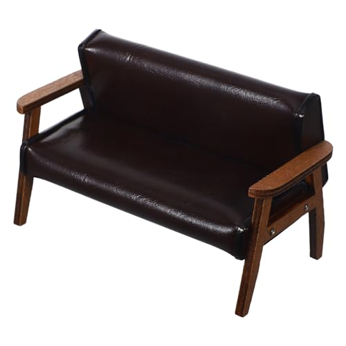 HANABASS Maßstab Dunkelbraunes Mini Ledersofa Holzgestell Vielseitige Dekoration für Puppenstube Robustes Möbelstück für DIY und Fotorequisiten von HANABASS