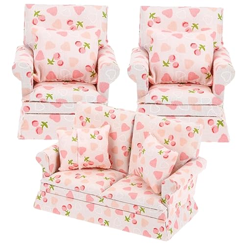 HANABASS Maßstab Mini Doppelsofa und Mini Einzelsessel mit Kissen Lebensechte Cherry Heart Design Sofagarnitur für Puppenhaus Wohnzimmer von HANABASS