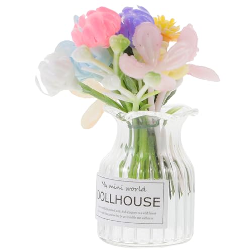 HANABASS Miniatur Glasvase mit Blumen Puppenhaus Zubehör Winzige Bonsai Deko Kompakte Miniatur Pflanzen Stilvolle Mini Haus Dekoration für Regale und Autoarmaturenbrett von HANABASS