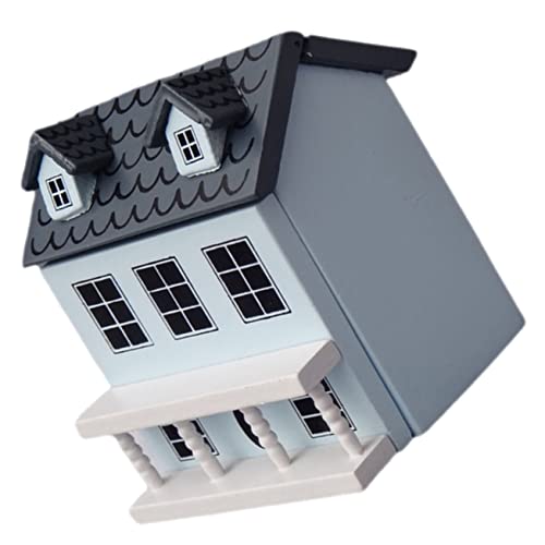 HANABASS Miniatur Puppenhaus aus Holz Handliches Mini Haus Bastelset mit Blauem Wanddesign und Grauem Dach Süße Villa Dekoration für Schreibtisch und Gartenlandschaft Leicht und von HANABASS
