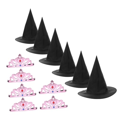 HANABASS Prinzessinnen-kronen und Hexenhüte Sanft und Leicht Schwarze Zauberer-mütze und Rosa Krone für Geburtstagsfeiern Cosplay und Halloween-partydekoration von HANABASS
