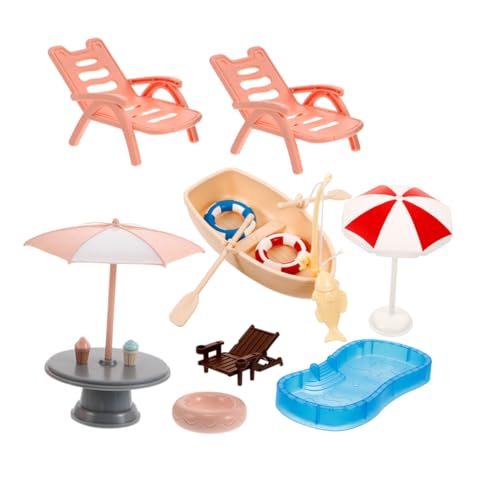 HANABASS Puppenhaus Miniatur Schwimmbad Zubehör mit Schwimmring Liegestuhl und Boot Langlebiges Kunststoff für DIY Mikro Landschaft Geeignet für Puppenhäuser und Feengärten von HANABASS