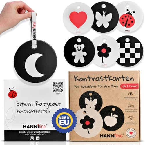 HANNIline® Kontrastkarten Baby [Made in EU] 20 Bilder 10 Karten Spielzeug 0 Monate Erstausstattung Neugeborene + Schlaufe, Elternratgeber - Montessori Baby von HANNIline