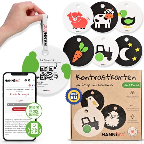 HANNIline® Kontrastkarten Baby [Made in EU] 20 Bilder 11 Karten Spielzeug Ab 3 Monate | Mit Schlaufe, Elternratgeber, Online-Sounds Und Stories | Montessori Baby Spielzeug von HANNIline