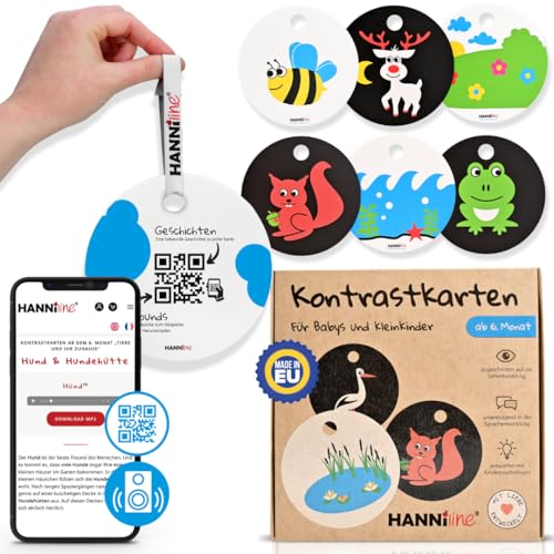 HANNIline® Kontrastkarten Baby [Made in EU] 20 Bilder 11 Karten Baby Spielzeug ab 6 Monate | mit Schlaufe, Elternratgeber, Online-Sounds und Stories | Montessori Spielzeug Baby Spielzeug Baby von HANNIline